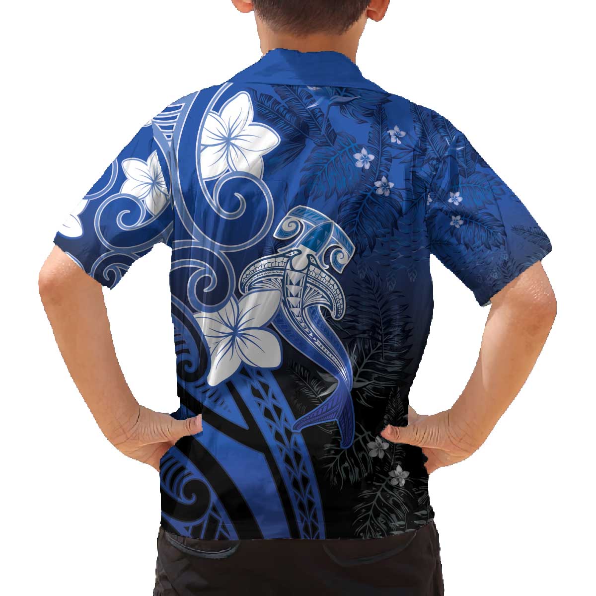 Polynesia Hammerhead Shark Family Matching Off The Shoulder Long Sleeve Dress and Hawaiian Shirt Blue Tribal Pattern With Plumeria - Polynesian Pride