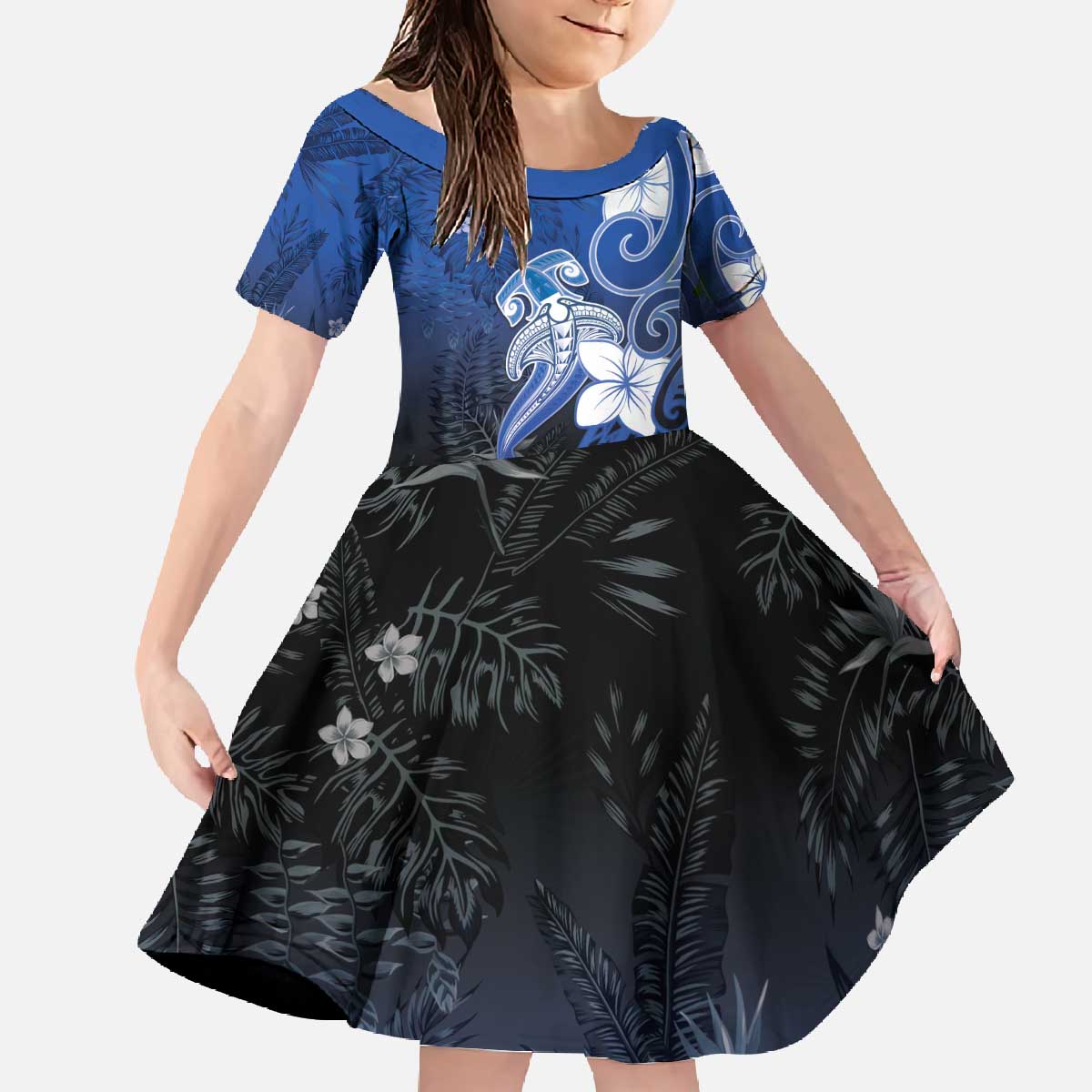 Polynesia Hammerhead Shark Family Matching Off The Shoulder Long Sleeve Dress and Hawaiian Shirt Blue Tribal Pattern With Plumeria - Polynesian Pride