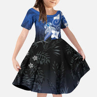 Polynesia Hammerhead Shark Family Matching Off The Shoulder Long Sleeve Dress and Hawaiian Shirt Blue Tribal Pattern With Plumeria - Polynesian Pride