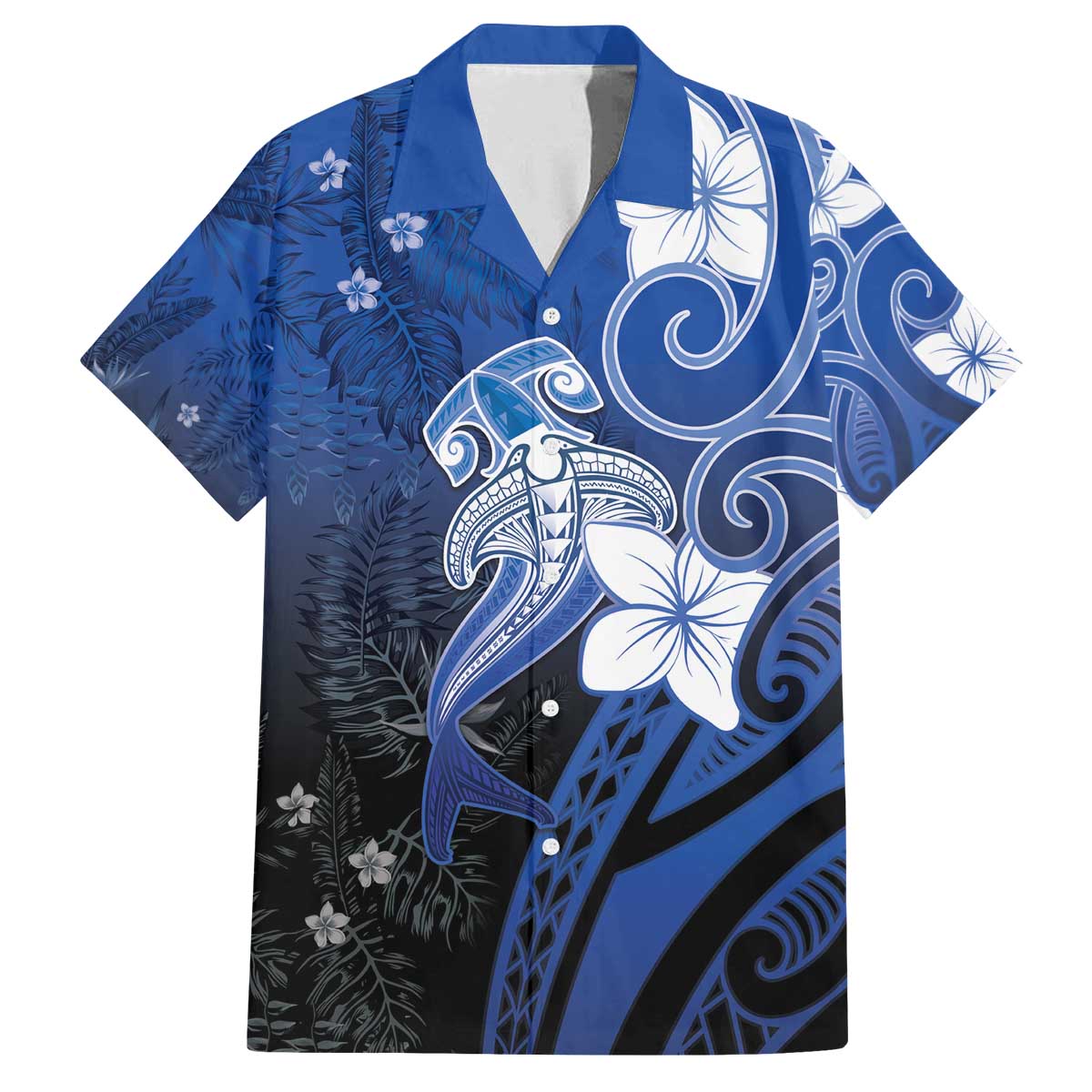 Polynesia Hammerhead Shark Family Matching Off The Shoulder Long Sleeve Dress and Hawaiian Shirt Blue Tribal Pattern With Plumeria - Polynesian Pride