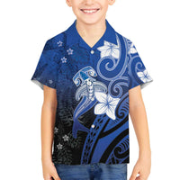 Polynesia Hammerhead Shark Family Matching Off The Shoulder Long Sleeve Dress and Hawaiian Shirt Blue Tribal Pattern With Plumeria - Polynesian Pride