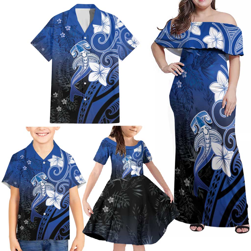 Polynesia Hammerhead Shark Family Matching Off Shoulder Maxi Dress and Hawaiian Shirt Blue Tribal Pattern With Plumeria - Polynesian Pride