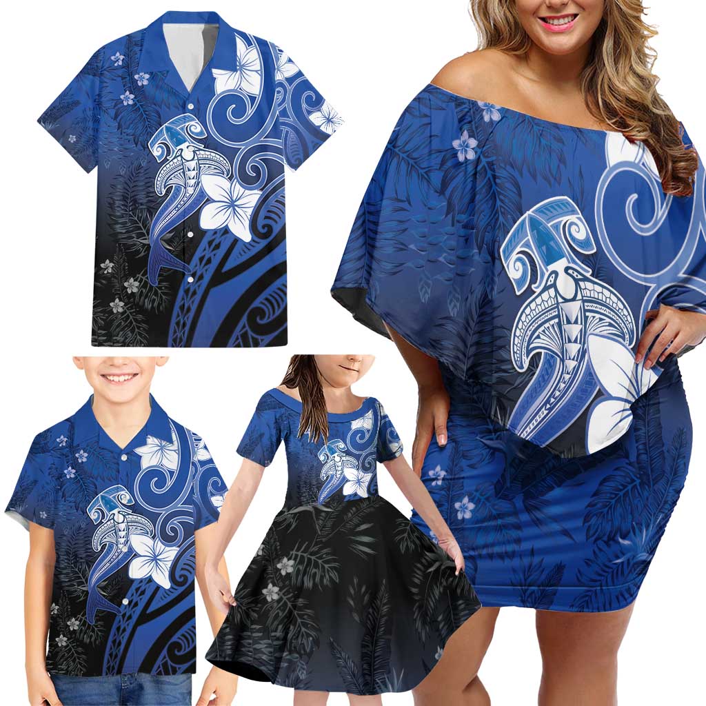 Polynesia Hammerhead Shark Family Matching Off Shoulder Short Dress and Hawaiian Shirt Blue Tribal Pattern With Plumeria - Polynesian Pride