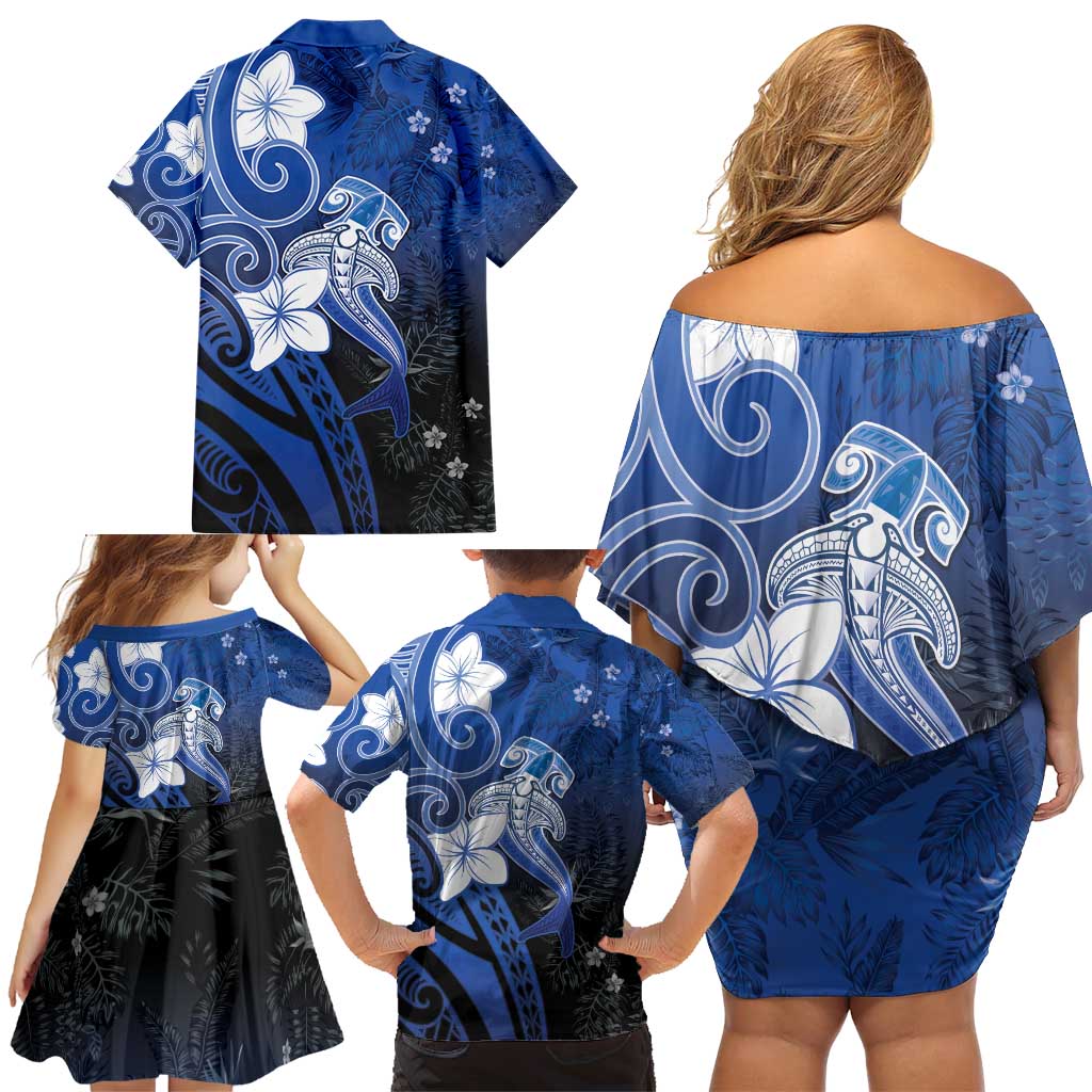 Polynesia Hammerhead Shark Family Matching Off Shoulder Short Dress and Hawaiian Shirt Blue Tribal Pattern With Plumeria - Polynesian Pride