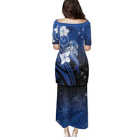 Polynesia Hammerhead Shark Family Matching Puletasi and Hawaiian Shirt Blue Tribal Pattern With Plumeria LT05 - Polynesian Pride