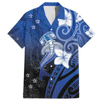 Polynesia Hammerhead Shark Family Matching Short Sleeve Bodycon Dress and Hawaiian Shirt Blue Tribal Pattern With Plumeria - Polynesian Pride
