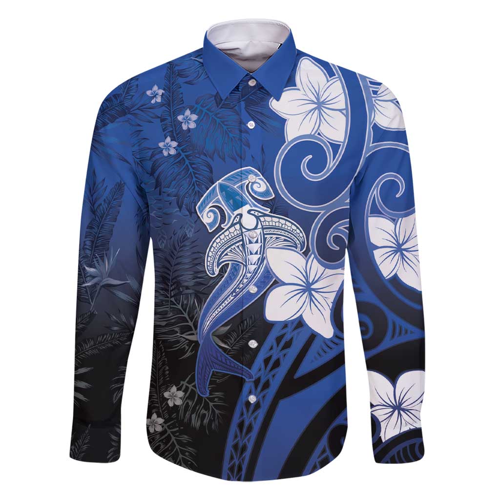 Polynesia Hammerhead Shark Family Matching Short Sleeve Bodycon Dress and Hawaiian Shirt Blue Tribal Pattern With Plumeria - Polynesian Pride