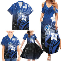 Polynesia Hammerhead Shark Family Matching Summer Maxi Dress and Hawaiian Shirt Blue Tribal Pattern With Plumeria - Polynesian Pride