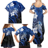 Polynesia Hammerhead Shark Family Matching Summer Maxi Dress and Hawaiian Shirt Blue Tribal Pattern With Plumeria - Polynesian Pride