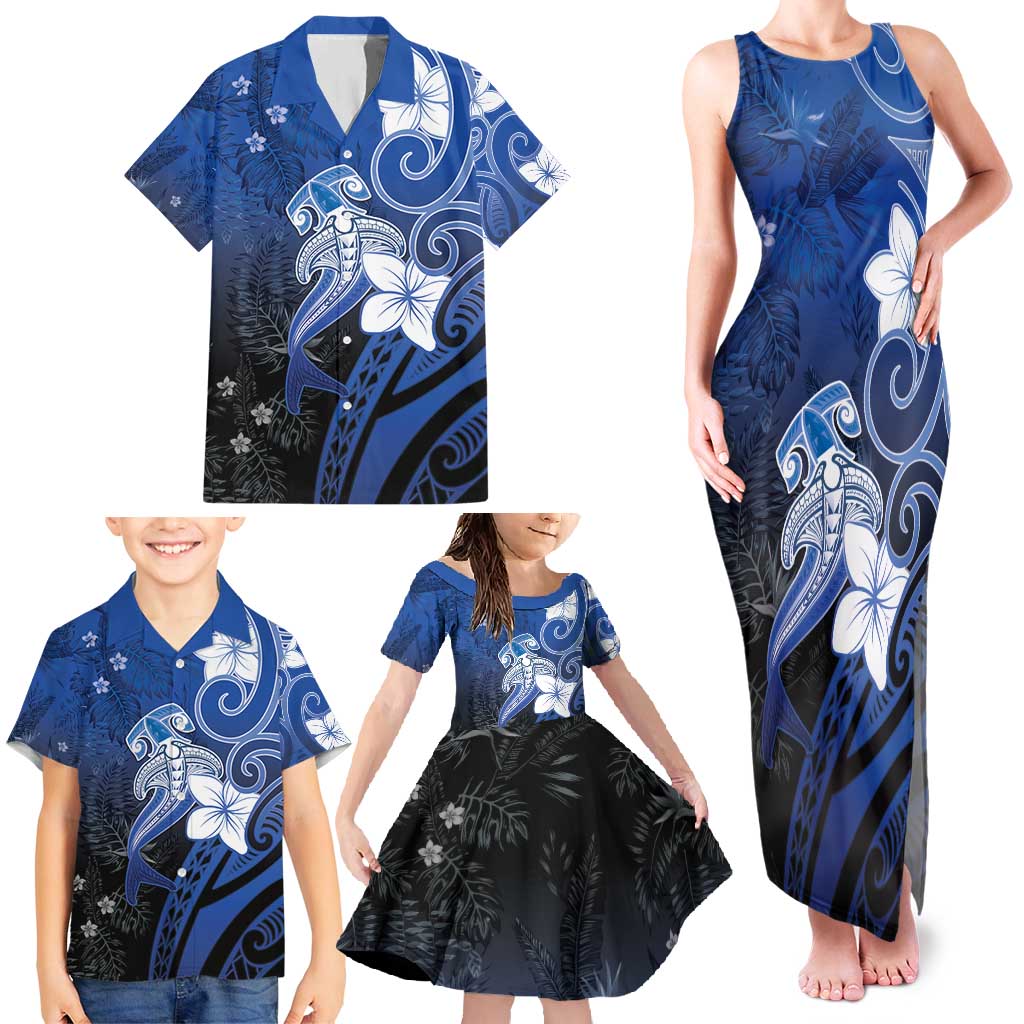 Polynesia Hammerhead Shark Family Matching Tank Maxi Dress and Hawaiian Shirt Blue Tribal Pattern With Plumeria - Polynesian Pride