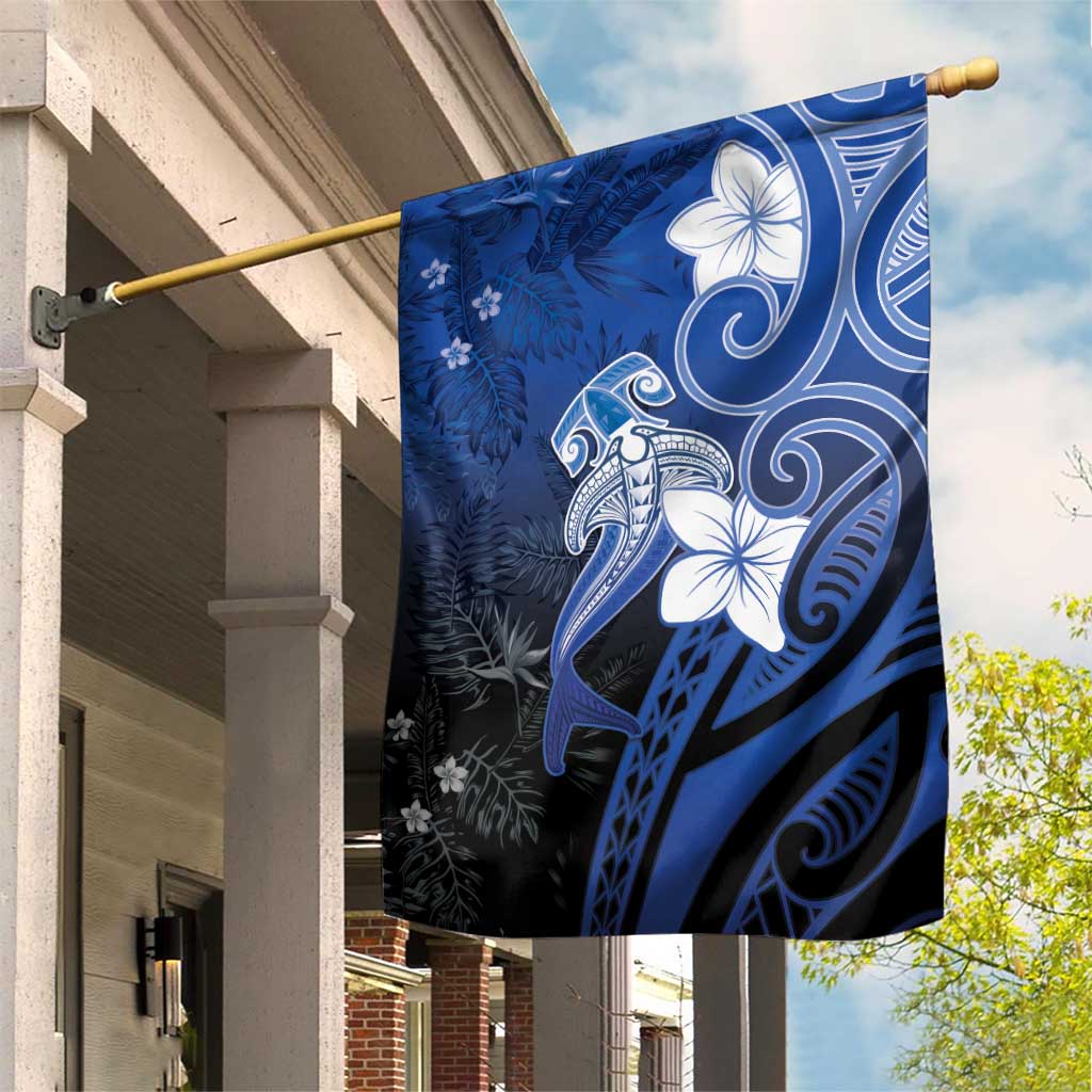 Polynesia Hammerhead Shark Garden Flag Blue Tribal Pattern With Plumeria - Polynesian Pride