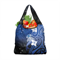 Polynesia Hammerhead Shark Grocery Bag Blue Tribal Pattern With Plumeria - Polynesian Pride