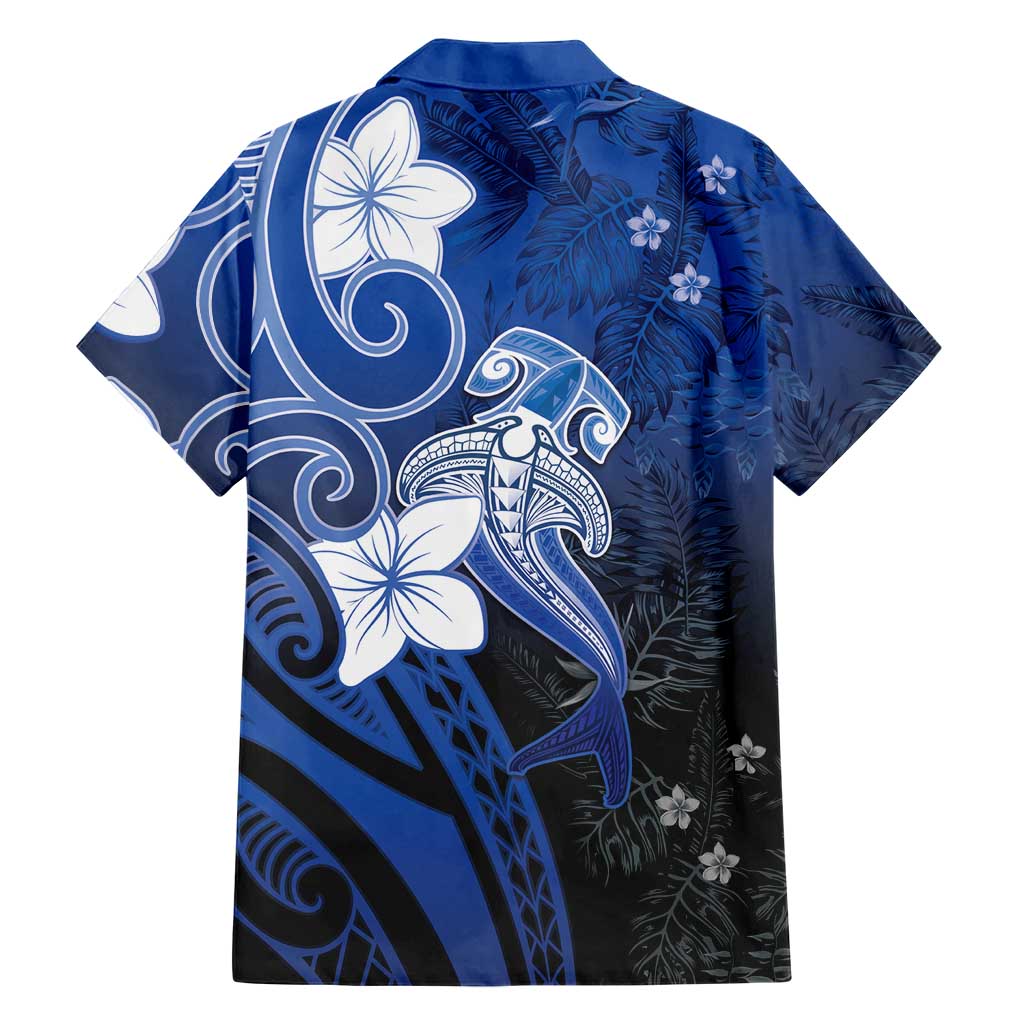 Polynesia Hammerhead Shark Hawaiian Shirt Blue Tribal Pattern With Plumeria - Polynesian Pride