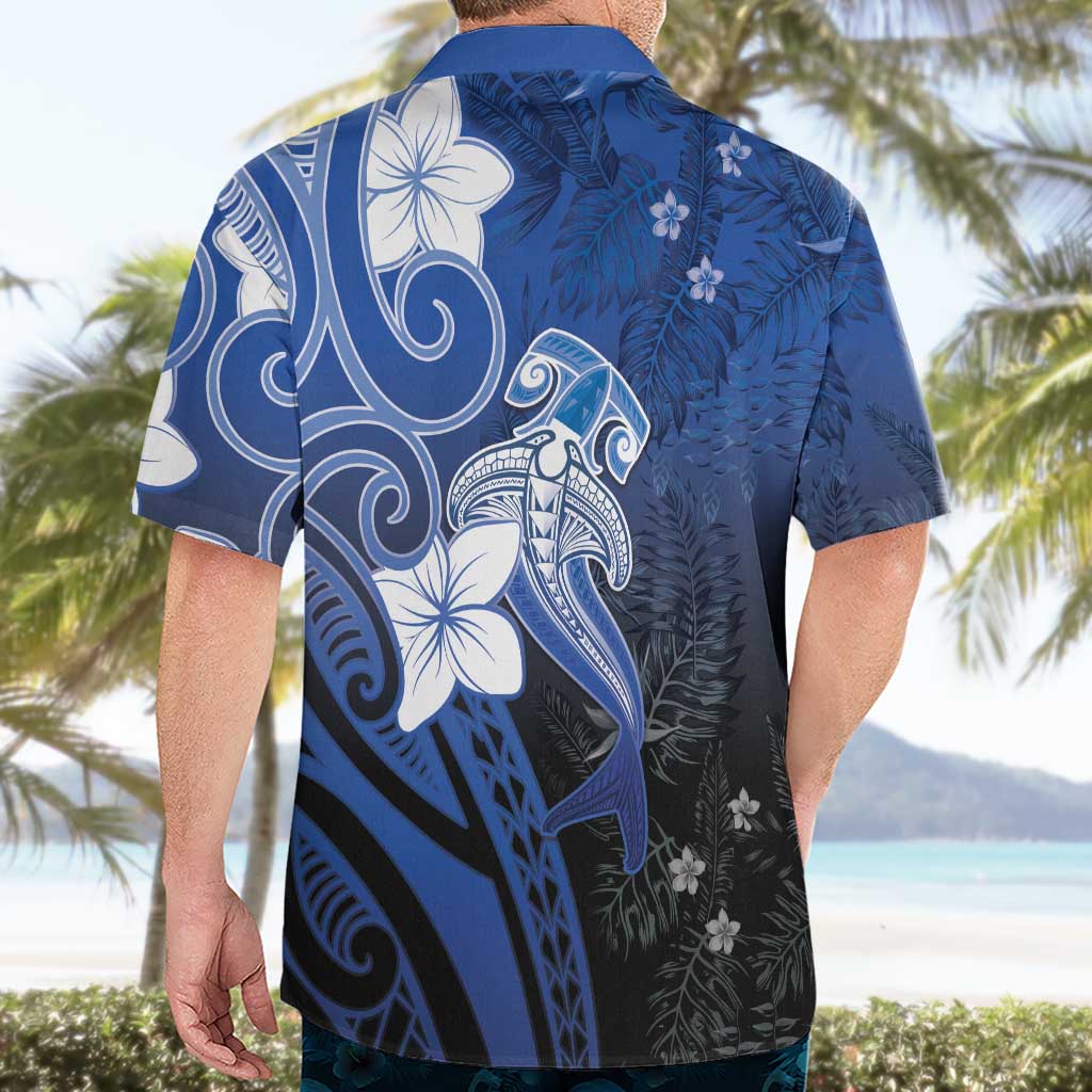 Polynesia Hammerhead Shark Hawaiian Shirt Blue Tribal Pattern With Plumeria - Polynesian Pride