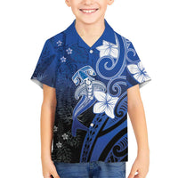 Polynesia Hammerhead Shark Hawaiian Shirt Blue Tribal Pattern With Plumeria - Polynesian Pride