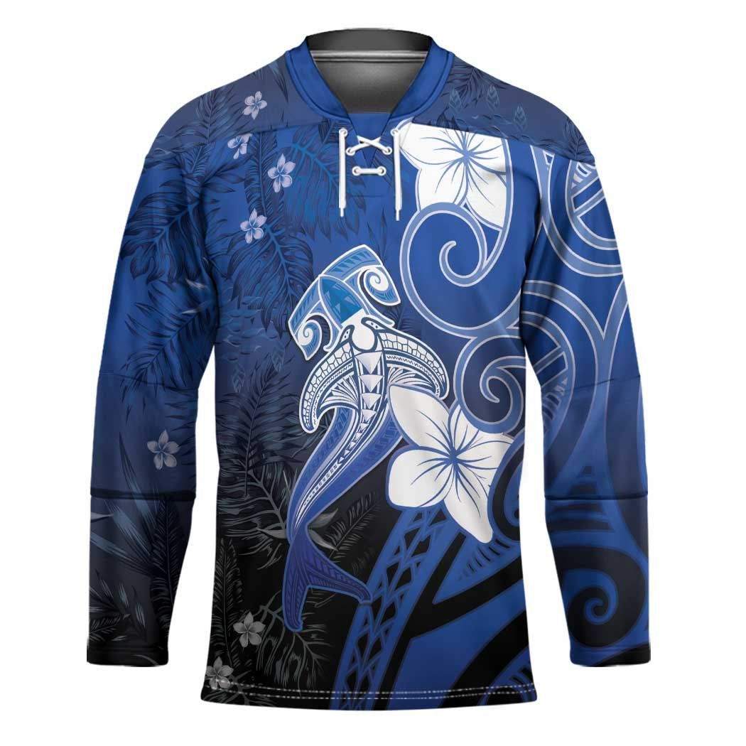 Polynesia Hammerhead Shark Hockey Jersey Blue Tribal Pattern With Plumeria - Polynesian Pride