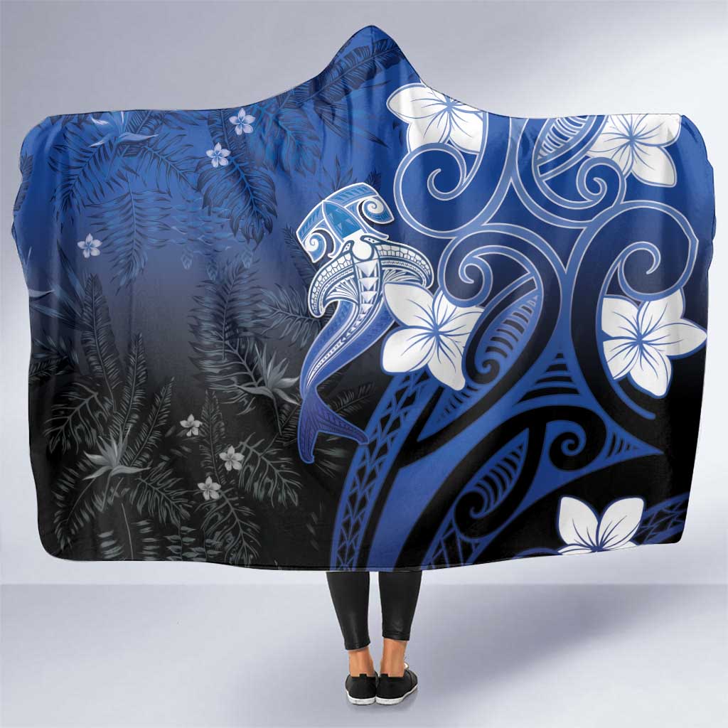 Polynesia Hammerhead Shark Hooded Blanket Blue Tribal Pattern With Plumeria LT05 One Size Blue - Polynesian Pride
