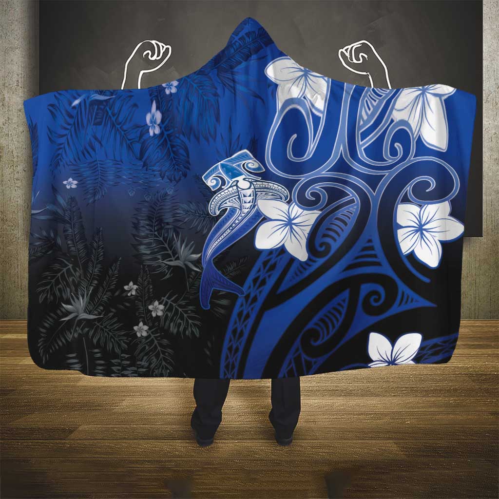 Polynesia Hammerhead Shark Hooded Blanket Blue Tribal Pattern With Plumeria LT05 - Polynesian Pride