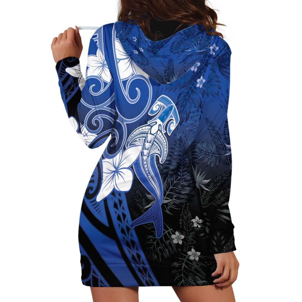Polynesia Hammerhead Shark Hoodie Dress Blue Tribal Pattern With Plumeria LT05 - Polynesian Pride