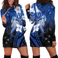 Polynesia Hammerhead Shark Hoodie Dress Blue Tribal Pattern With Plumeria LT05 - Polynesian Pride