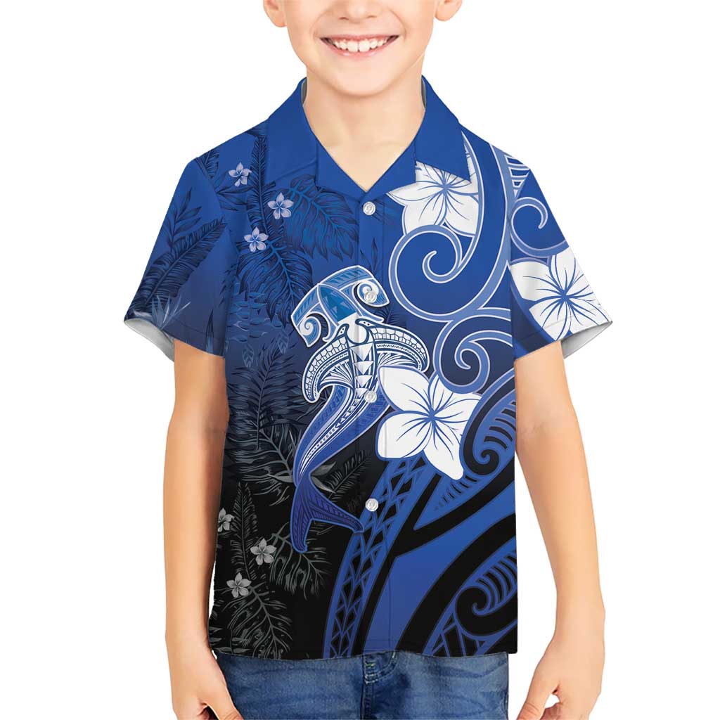 Polynesia Hammerhead Shark Kid Hawaiian Shirt Blue Tribal Pattern With Plumeria - Polynesian Pride