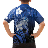 Polynesia Hammerhead Shark Kid Hawaiian Shirt Blue Tribal Pattern With Plumeria - Polynesian Pride