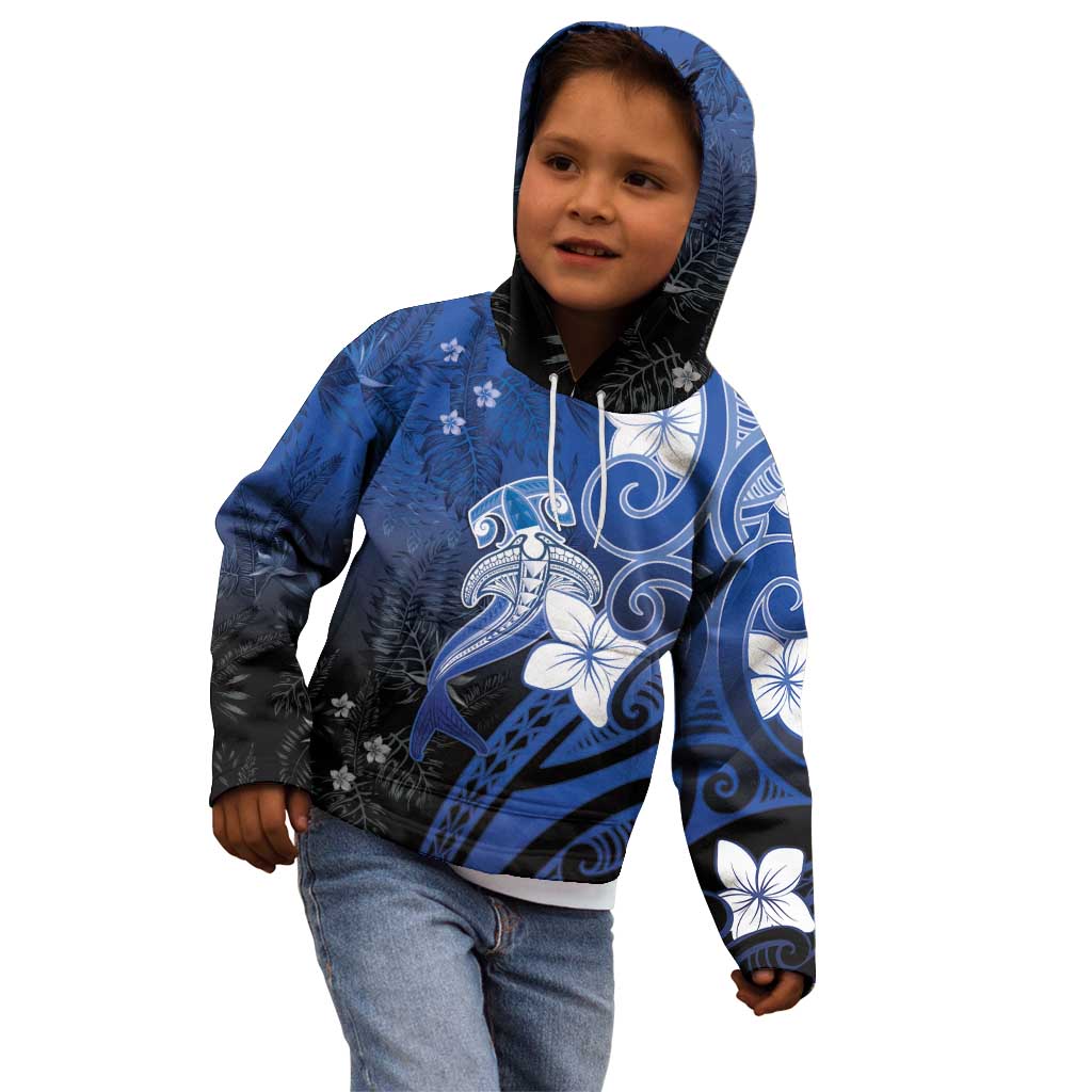 Polynesia Hammerhead Shark Kid Hoodie Blue Tribal Pattern With Plumeria - Polynesian Pride