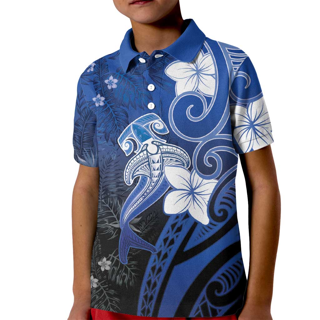 Polynesia Hammerhead Shark Kid Polo Shirt Blue Tribal Pattern With Plumeria LT05 Kid Blue - Polynesian Pride