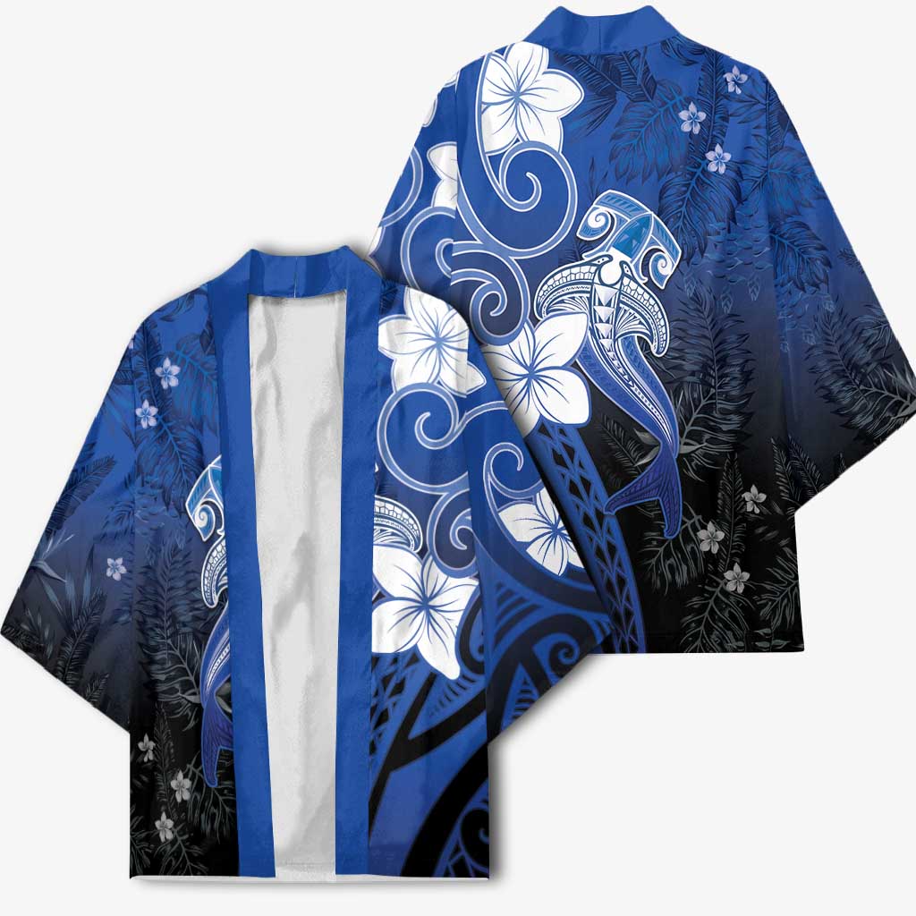 Polynesia Hammerhead Shark Kimono Blue Tribal Pattern With Plumeria LT05 - Polynesian Pride