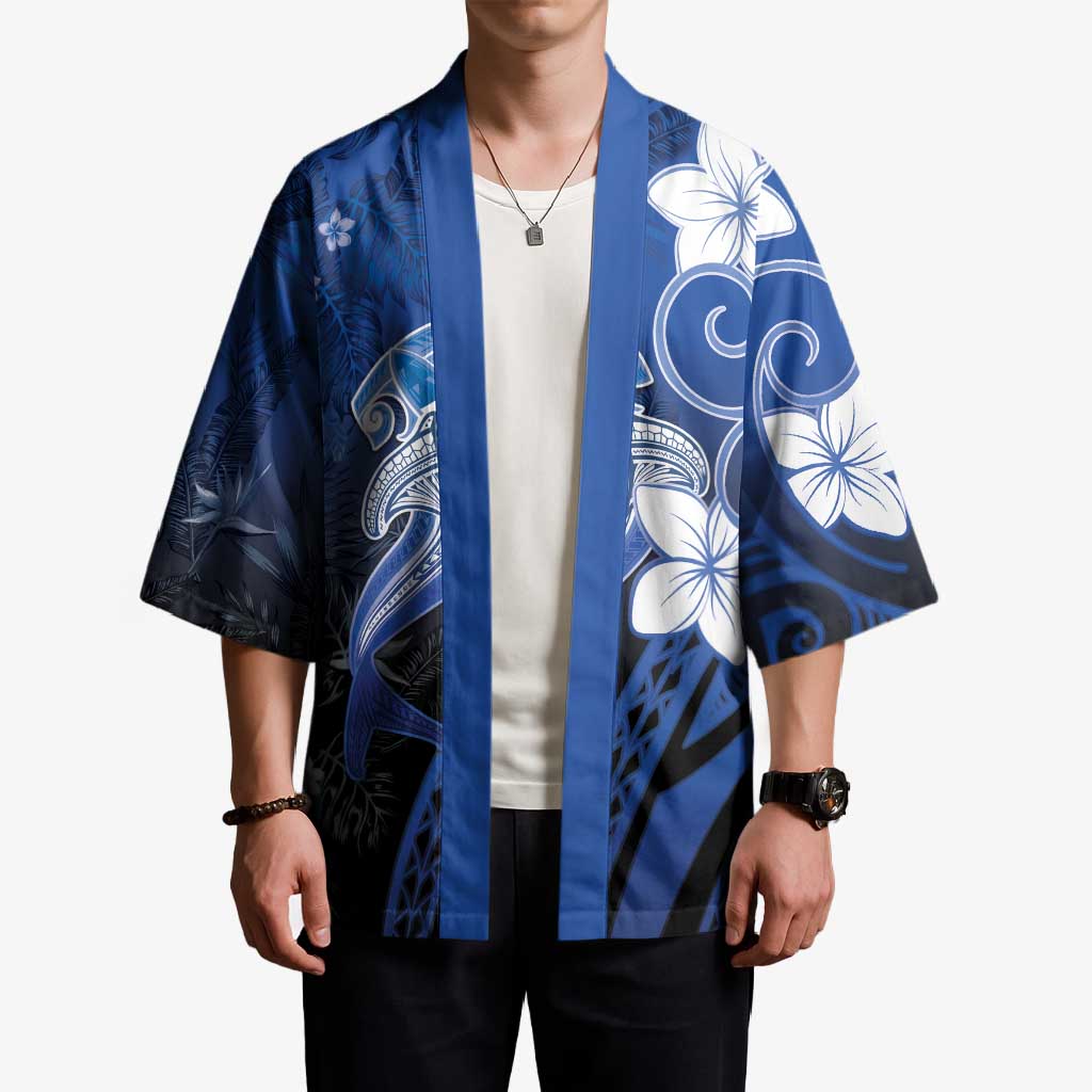 Polynesia Hammerhead Shark Kimono Blue Tribal Pattern With Plumeria LT05 - Polynesian Pride
