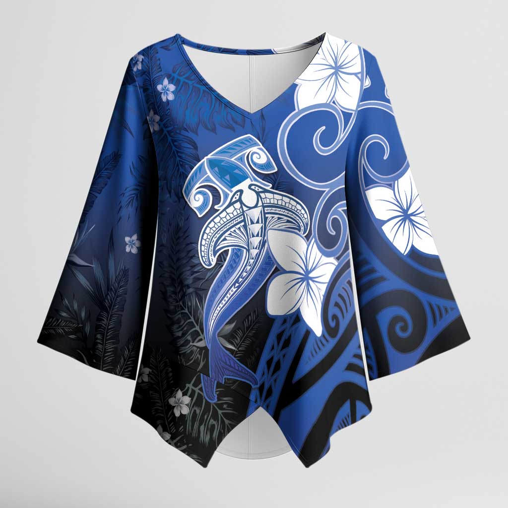Polynesia Hammerhead Shark Kimono Sleeve Blouse Blue Tribal Pattern With Plumeria LT05 Female Blue - Polynesian Pride