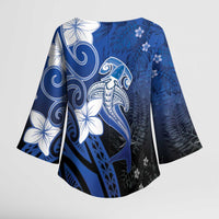Polynesia Hammerhead Shark Kimono Sleeve Blouse Blue Tribal Pattern With Plumeria LT05 - Polynesian Pride