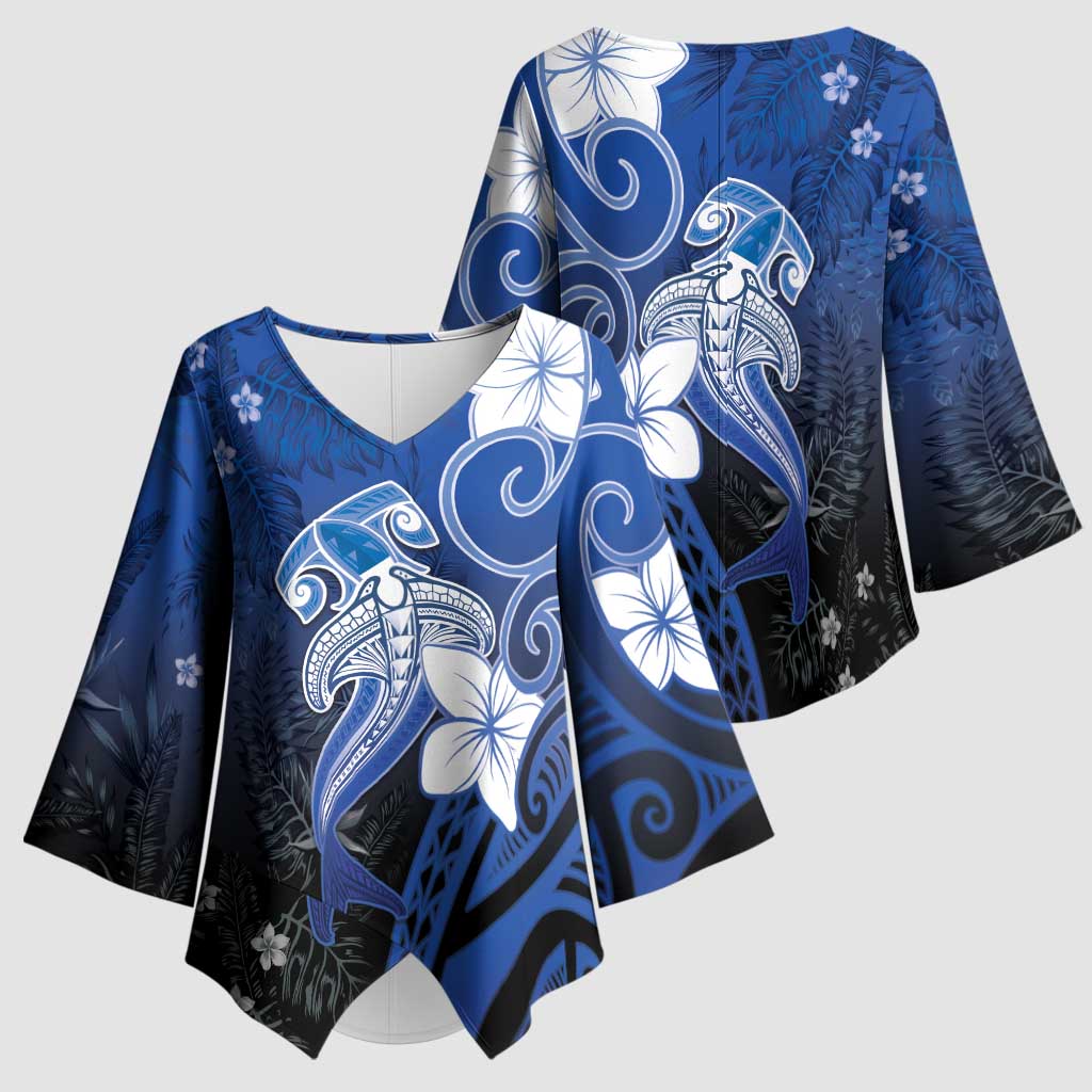 Polynesia Hammerhead Shark Kimono Sleeve Blouse Blue Tribal Pattern With Plumeria LT05 - Polynesian Pride