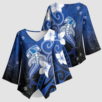 Polynesia Hammerhead Shark Kimono Sleeve Blouse Blue Tribal Pattern With Plumeria LT05 - Polynesian Pride