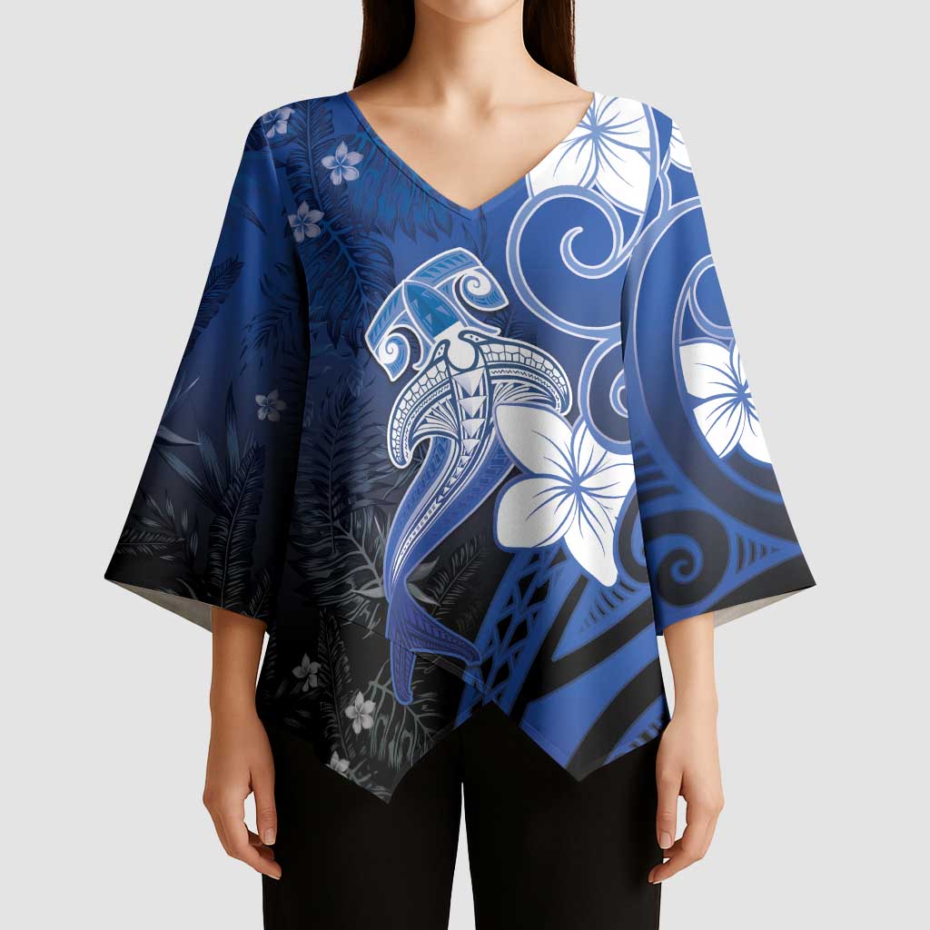Polynesia Hammerhead Shark Kimono Sleeve Blouse Blue Tribal Pattern With Plumeria LT05 - Polynesian Pride