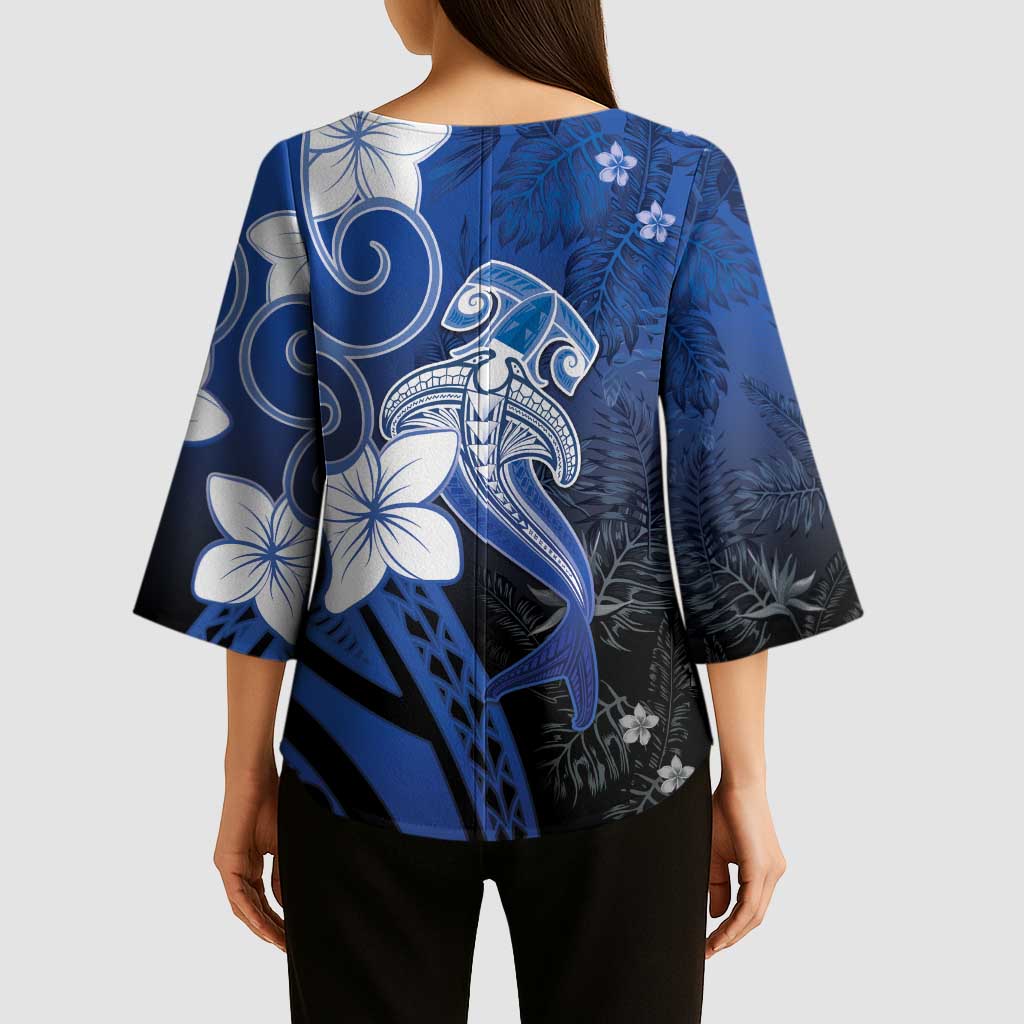 Polynesia Hammerhead Shark Kimono Sleeve Blouse Blue Tribal Pattern With Plumeria LT05 - Polynesian Pride