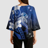 Polynesia Hammerhead Shark Kimono Sleeve Blouse Blue Tribal Pattern With Plumeria LT05 - Polynesian Pride