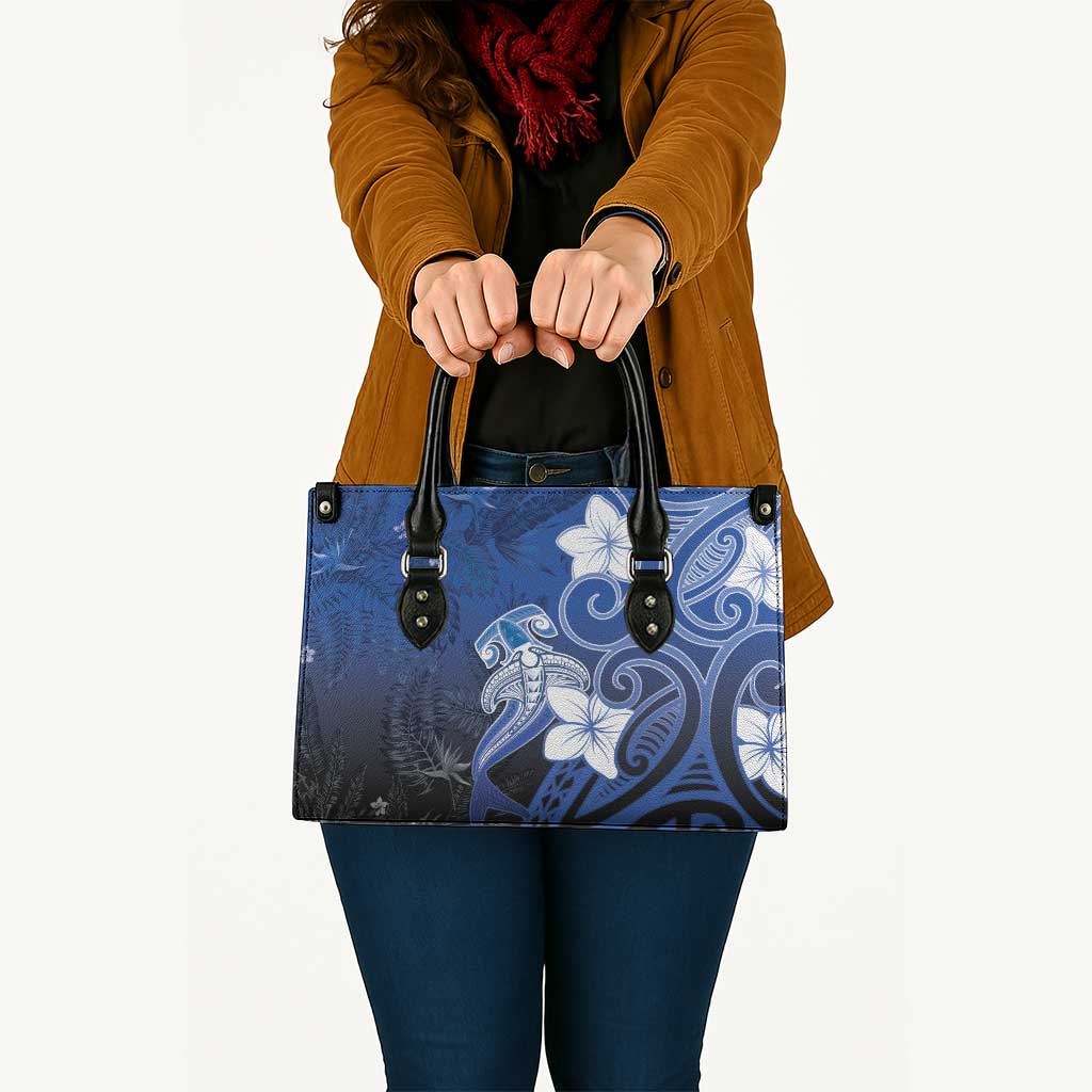 Polynesia Hammerhead Shark Leather Bag Blue Tribal Pattern With Plumeria - Polynesian Pride