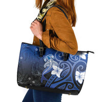 Polynesia Hammerhead Shark Leather Tote Bag Blue Tribal Pattern With Plumeria - Polynesian Pride