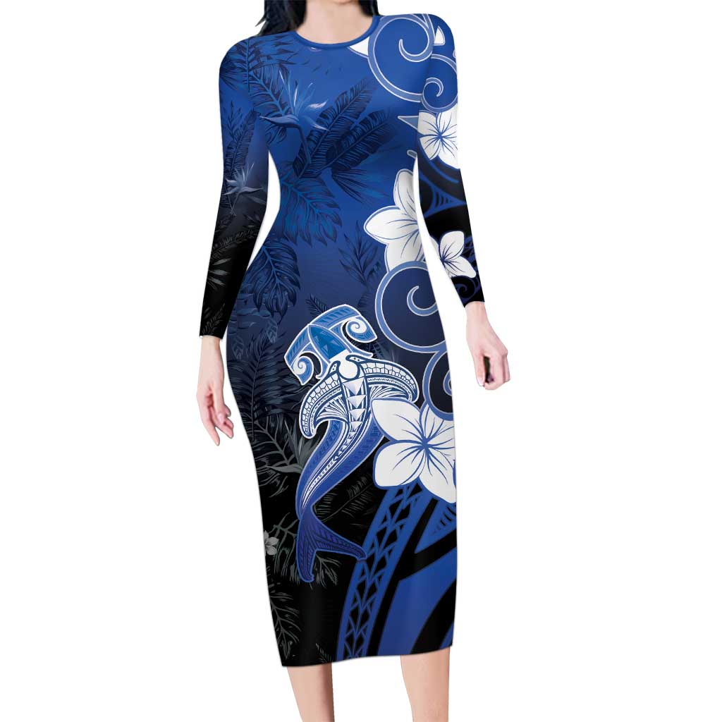 Polynesia Hammerhead Shark Long Sleeve Bodycon Dress Blue Tribal Pattern With Plumeria - Polynesian Pride