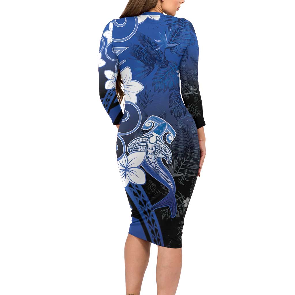 Polynesia Hammerhead Shark Long Sleeve Bodycon Dress Blue Tribal Pattern With Plumeria - Polynesian Pride
