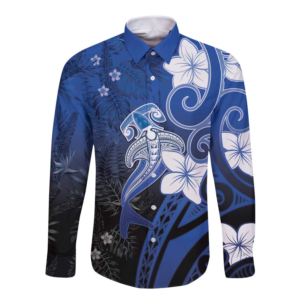 Polynesia Hammerhead Shark Long Sleeve Button Shirt Blue Tribal Pattern With Plumeria LT05 Unisex Blue - Polynesian Pride