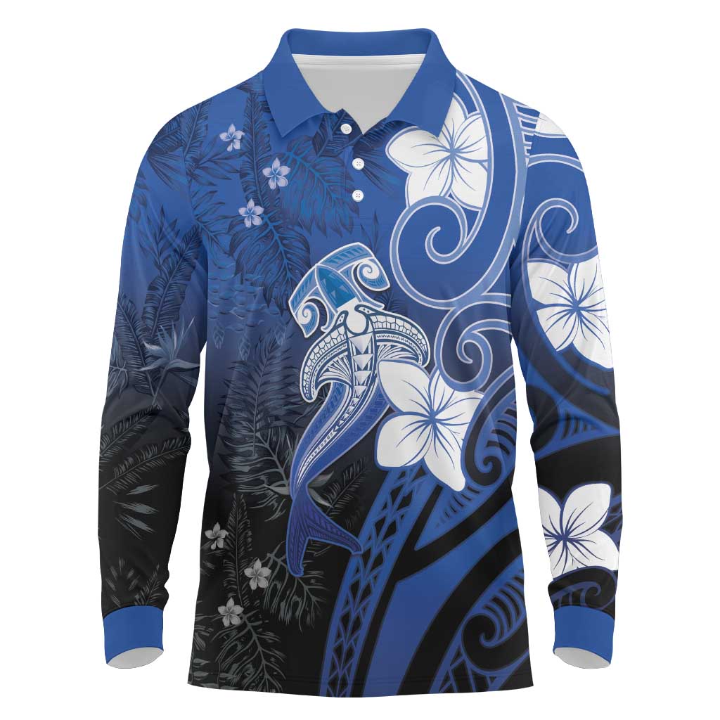 Polynesia Hammerhead Shark Long Sleeve Polo Shirt Blue Tribal Pattern With Plumeria LT05 Blue - Polynesian Pride