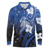 Polynesia Hammerhead Shark Long Sleeve Polo Shirt Blue Tribal Pattern With Plumeria LT05 Blue - Polynesian Pride