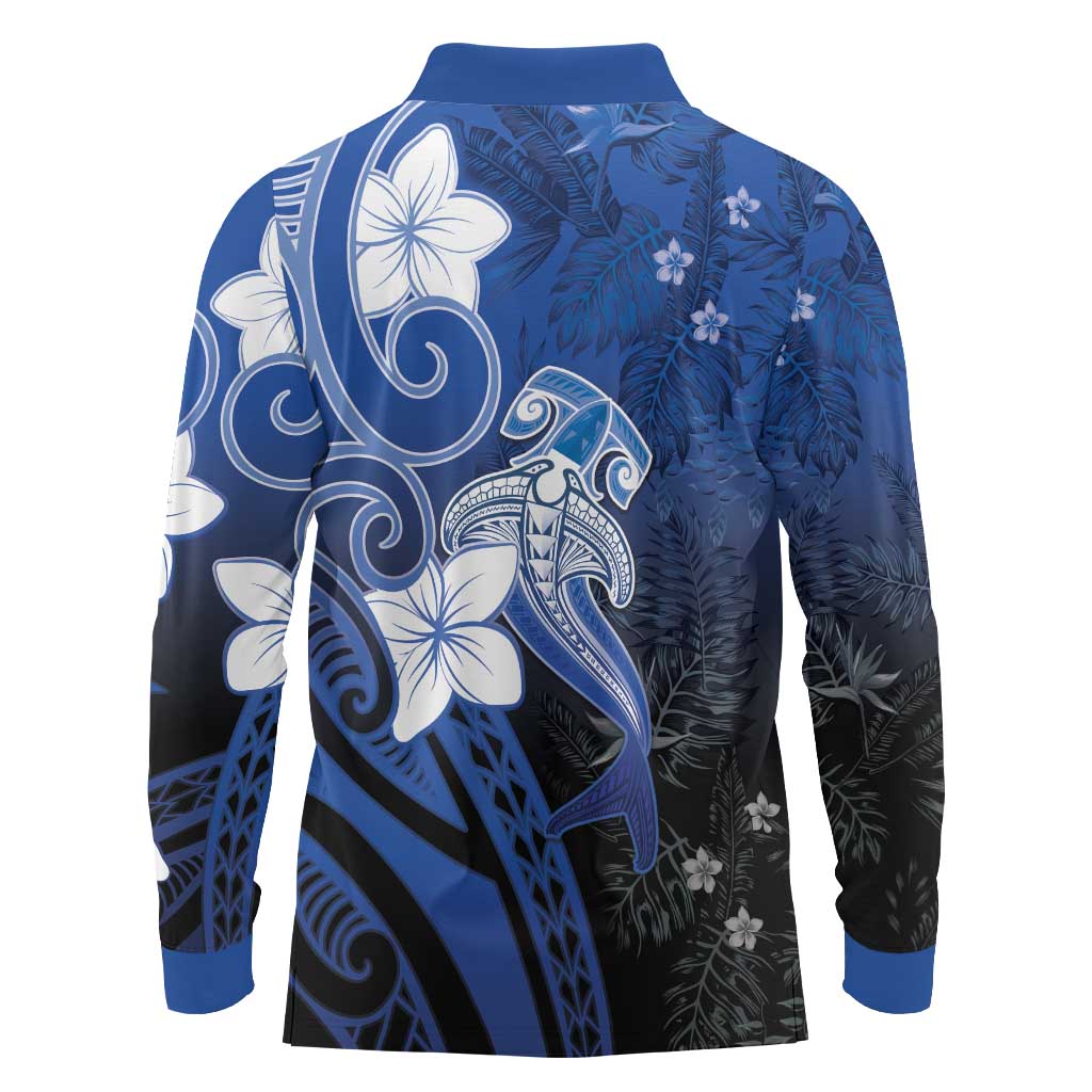 Polynesia Hammerhead Shark Long Sleeve Polo Shirt Blue Tribal Pattern With Plumeria LT05 - Polynesian Pride