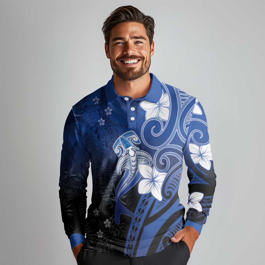 Polynesia Hammerhead Shark Long Sleeve Polo Shirt Blue Tribal Pattern With Plumeria LT05 - Polynesian Pride