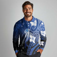 Polynesia Hammerhead Shark Long Sleeve Polo Shirt Blue Tribal Pattern With Plumeria LT05 - Polynesian Pride