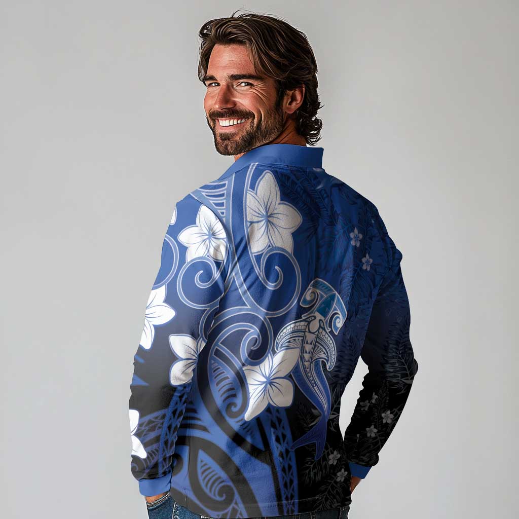 Polynesia Hammerhead Shark Long Sleeve Polo Shirt Blue Tribal Pattern With Plumeria LT05 - Polynesian Pride