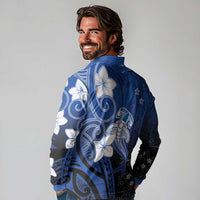 Polynesia Hammerhead Shark Long Sleeve Polo Shirt Blue Tribal Pattern With Plumeria LT05 - Polynesian Pride