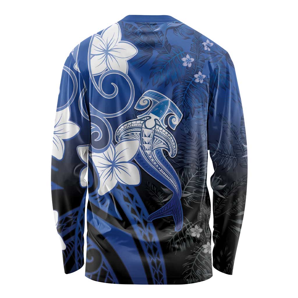 Polynesia Hammerhead Shark Long Sleeve Shirt Blue Tribal Pattern With Plumeria LT05 - Polynesian Pride